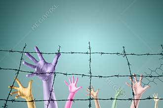 hands rising behind barbered wire