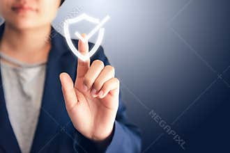 Certified Guarantee Approval or Secure Access System Concept, Business Woman is Pressing Identity Proofing Icon for Security