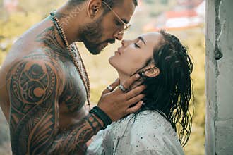 Young beautiful couple in love. Kissing couple. Trust him. Romantic and love. Sensual couple kiss.
