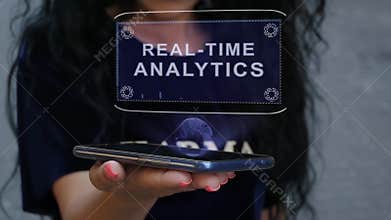 Woman showing HUD hologram Real-time analytics