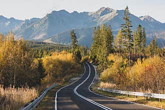 Autumn Fall Road Landscape with view of the Tatra Mountains