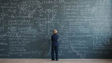 Small genius thinking about science looking at blackboard with formulas walking in class