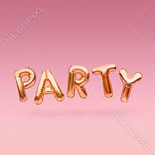 Golden word PARTY made of inflatable balloons floating on pink background. Gold foil balloon letters. Celebration concept