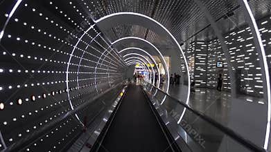 Virtual led light futuristic hallway Time Tunnel  in modern building