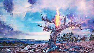 Burning old tree in arid rocky land