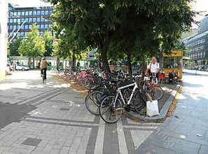 Senior man takes a bicycle from bicycles parking
