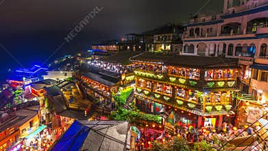 Time lapse of Jiufen in the evening with many tourists