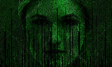 Female face with matrix digital numbers artifical intelligence AI theme