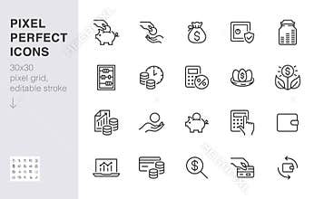 Money income line icon set. Pension fund, profit growth, piggy bank, finance capital minimal vector illustration. Simple