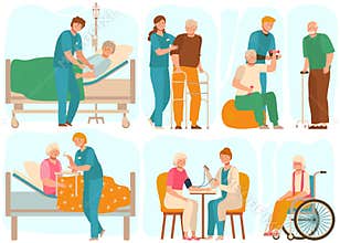 Elderly people in nursing home, medical staff takes care of seniors, vector illustration