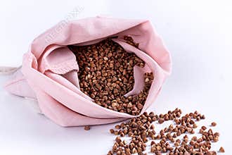 Reusable eco friendly natural cotton produce bags with cereal. Waste packaging. Zero waste food shopping. Plastic free items.