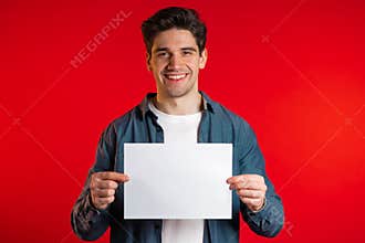 Handsome man holding horizontal white a4 paper poster. Copy space. Smiling hipster guy in shirt on red background.