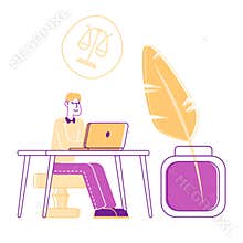 Young Lawyer Sitting at Desk on Huge Wax Stamper near Quill Pen with Scales Symbol over Head. Notary and Attorney