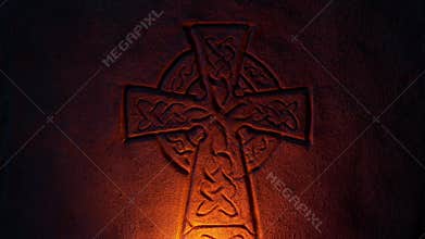 Christian Cross Old Rock Carving In Candlelight