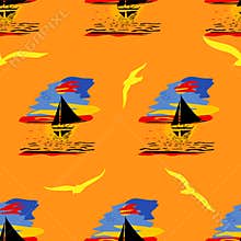 Seamless illustration with yachts or sailboats, seagulls and orange waves. Landscape with sea or ocean.