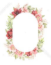 Watercolor botanical illustration. Oval Frame with Pink dog-rose blossom Gentle rose, bud, branches and green leaves. Spring