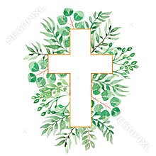 Watercolor Easter Cross Clipart, Spring Floral Arrangements, Baptism Crosses DIY Invitation, Greenery Easter clipart, Golden frame