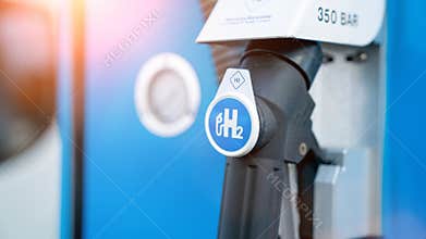 Hydrogen logo on gas station. h2 combustion engine for emission free ecofriendly transport
