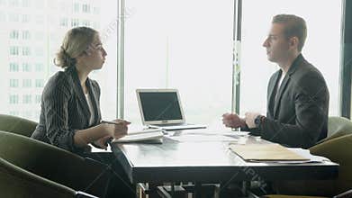 Manager meeting and discussion report statistic chart and graph on screen laptop computer about finance