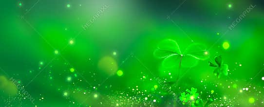 St. Patrick`s Day green background decorated with shamrock leaves. Patrick Day pub party celebrating. Abstract Border art design