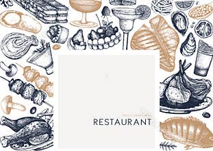 Restaurant food vector frame. Hand drawn drinks, meat, seafood, fish, vegetables and desserts illustrations. Food and drinks