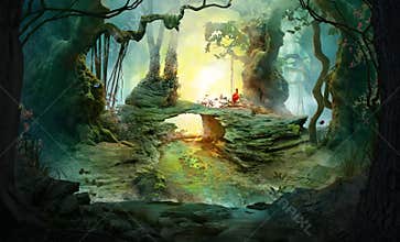 Into the deep woods, atmospheric landscape with archway and ancient trees, misty and foggy mood