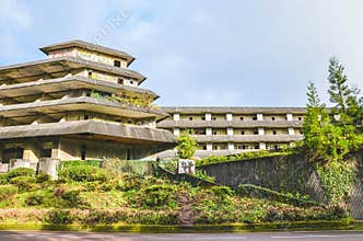 Sete Cidades, Azores, Portugal - Jan 12, 2020: Abandoned hotel building on the famous viewpoint on the Portuguese islands. Empty