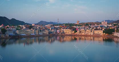 Famous indian hinduism pilgrimage town sacred holy hindu religious city Pushkar with Pushkar ghats. Rajasthan, India