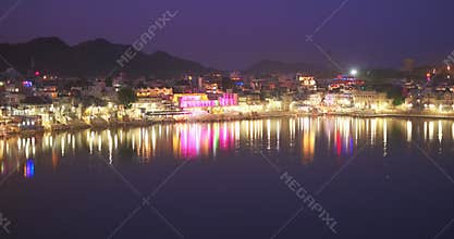 Famous indian hinduism pilgrimage town sacred holy hindu religious city Pushkar with Pushkar ghats. Rajasthan, India