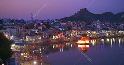 Famous indian hinduism pilgrimage town sacred holy hindu religious city Pushkar with Pushkar ghats. Rajasthan, India