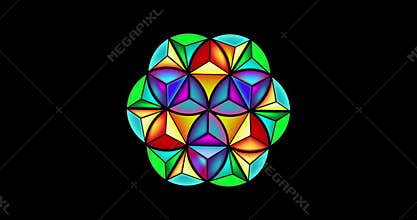 video animation 3D flower of life, sacred geometry. Lotus flower in motion. Colorful mandala ornament in polygonal shape