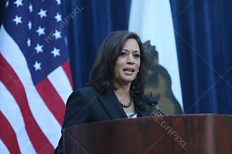 Portrait of the Vice President of the USA Kamala Harris during her speech