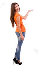 Casual woman pointing to open space
