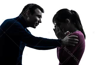Couple woman crying man consoling silhouette