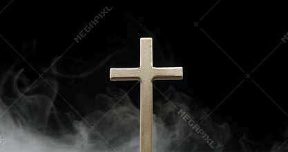 Christian cross in heavenly clouds, symbolizing heaven or spirituality