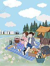 Summer spring camping outdoors, family picnic party on grass tent, garden park activity weekend digital clipart