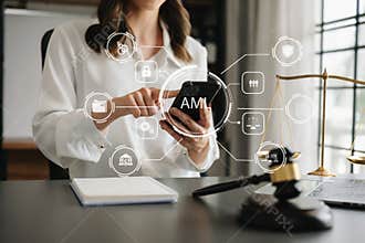 AML Anti Money Laundering Financial Bank Business Concept. judge in a courtroom using laptop and tablet with AML anti money