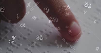 Animation of numbers over caucasian schoolgirl reading braille