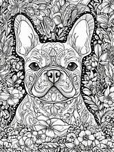 AI generated.Antistress coloring book for adults. French Bulldog terrier in the flower field