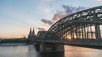 Cologne (Koln) Germany city skyline sunset time lapse at Cologne Cathedral (Cologne Dom) with Rhine River and