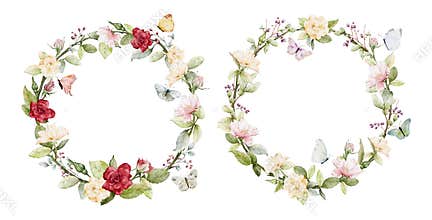 Set of watercolor wreaths with rose leaves and butterflies