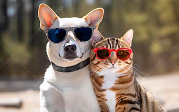Cat and dog pets friends in sunglasses outdoors. Generative AI