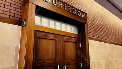 courtroom door and seating benches dark color grade slow motion