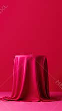 Red velvet podium with spotlight. Satin cloth podium for product presentation.