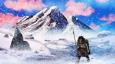 Ice age neanderthal hunter in a snow storm - digital painting