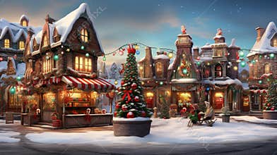 A whimsical and colorful Christmas product display with your products North Pole village scene, AI generated