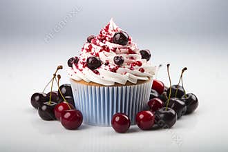 delicious cupcake with cream and cherry. Christmas cupcake. free space