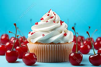 delicious cupcake with cream and cherry. Christmas cupcake. free space