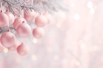 Pink Christmas tree decorations and festive lights in blurred bokeh background.