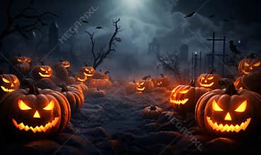 A haunted house in the woods with glowing pumpkins in the foreground. Happy Halloween and Scary Night